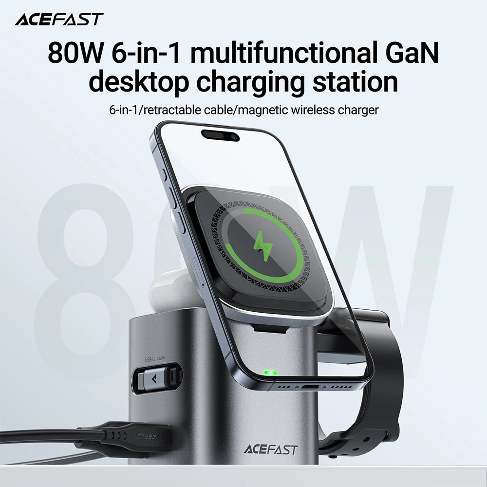 6 in 1 Multifunction 15W Magnetic Wireless Charging Station for Iphone 16 15 Gan PD65W Charging Cube USB C Fast Charging