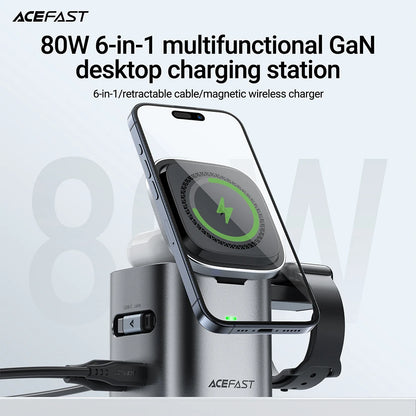6 in 1 Multifunction 15W Magnetic Wireless Charging Station for Iphone 16 15 Gan PD65W Charging Cube USB C Fast Charging