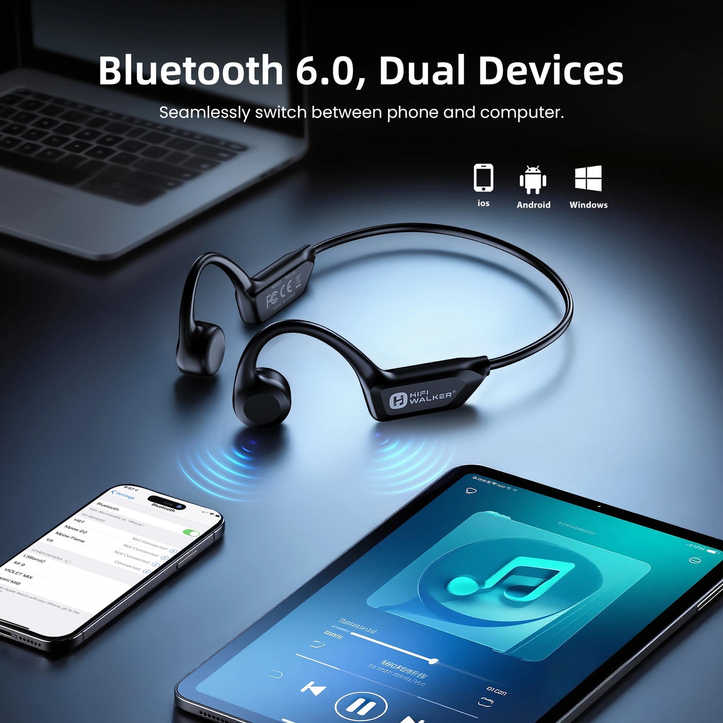 Bone Conduction Headphones Bluetooth 6.0, Open Ear Wireless Sports Earphones with Microphone, Long Battery for Run