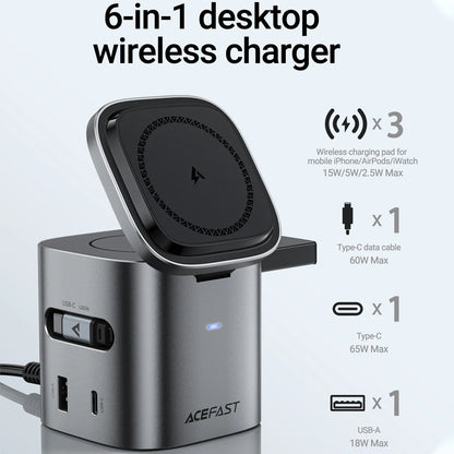 6 in 1 Multifunction 15W Magnetic Wireless Charging Station for Iphone 16 15 Gan PD65W Charging Cube USB C Fast Charging